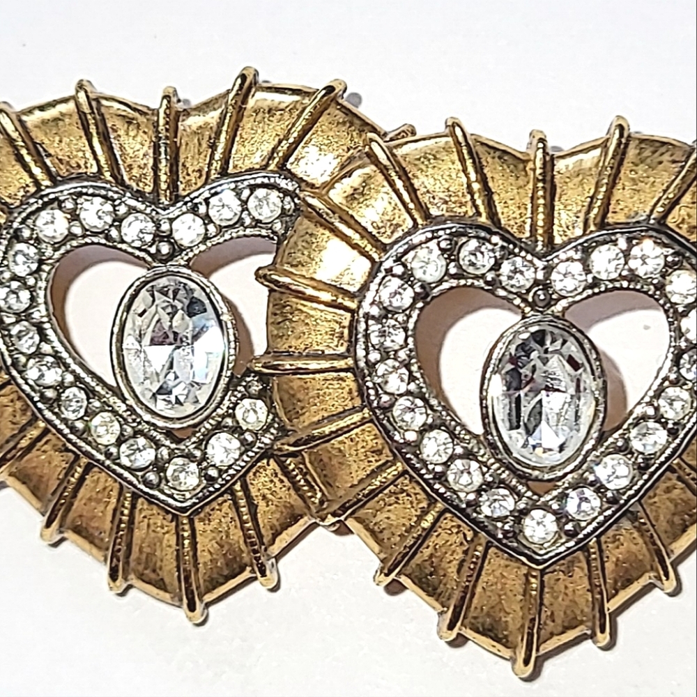 DOUBLE HEART RHINESTONE VINTAGE PIN BROOCH - Picture 5 of 6